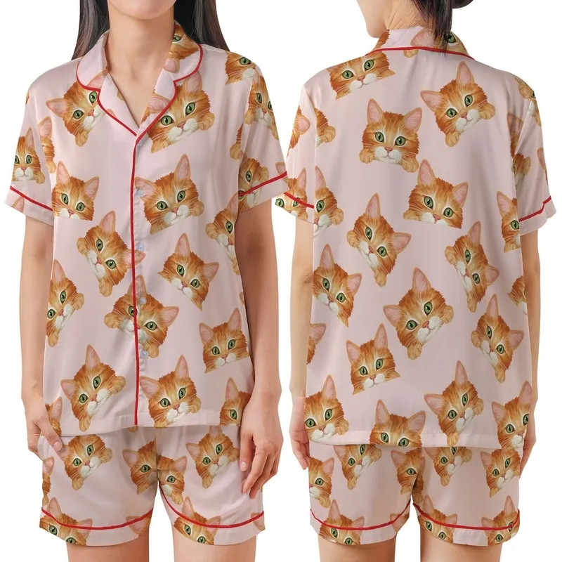 Cat Lovers' Realistic Illustrated Ginger Tabby Cats Playfully Peeking Seamless Warm Orange Brown Cream Soft Pink Pattern Satin Short-Sleeve Pajamas Set - 1