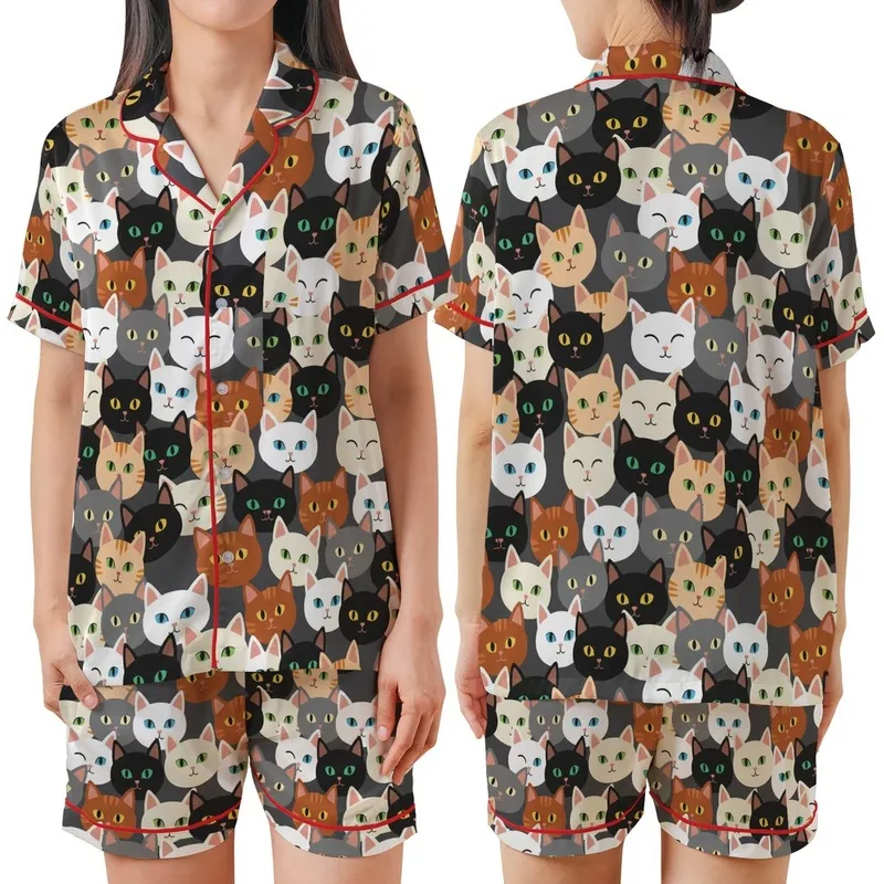 Cat Lovers' Whimsical Seamless Diverse Cat Faces Pattern Deep Charcoal Grey White Black Ginger Felines Satin Short-Sleeve Pajamas Set - 1