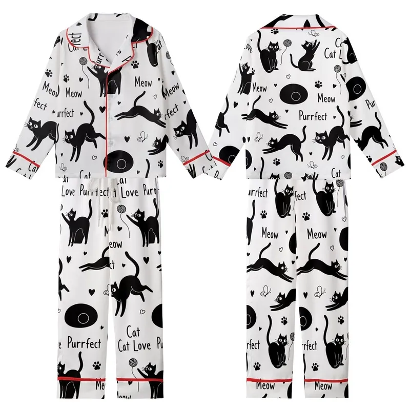 Cat Lover's Whimsical Black Cats Seamless Pattern: Playful Kittens, Butterfly & 'Meow' Text Kid Satin Pajamas Set - 1