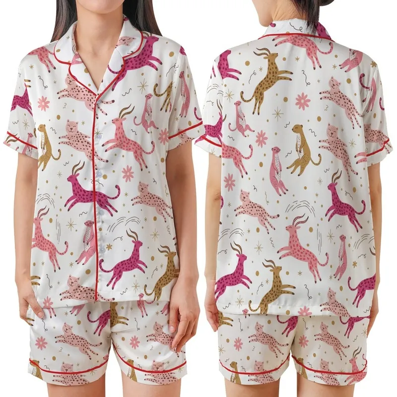 Whimsical Style Lovers' Stylized Jungle Creatures Repeat Pattern with Pastel Pink Magenta Camel Brown Gold & Dark Brown Line Art Satin Short-Sleeve Pajamas Set - 1