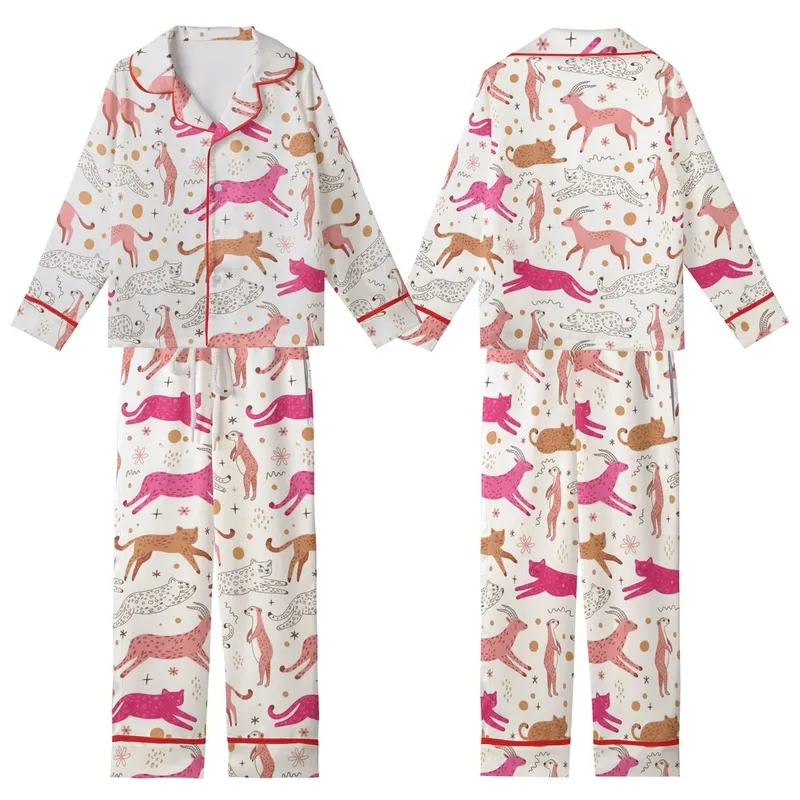 Whimsical Style Lovers' Stylized Jungle Creatures Repeat Pattern with Pastel Pink Magenta Camel Brown Gold & Dark Brown Line Art Kid Satin Pajamas Set - 1