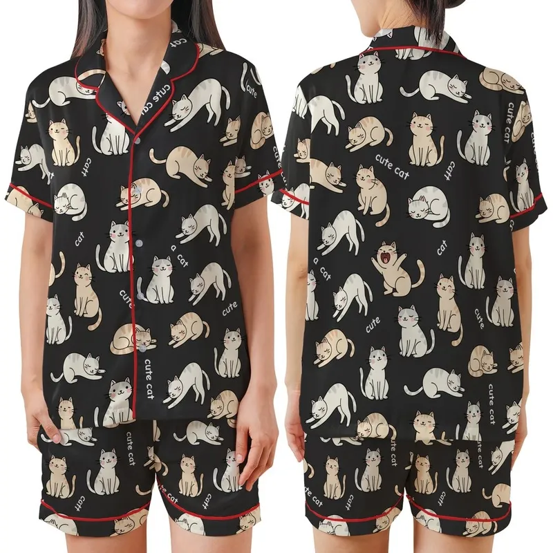 Cat Lovers' Charcoal Black Playful Sleepy Cartoon Cat Pattern Pale Off-White & Beige Kittens White 'cute cat' Text Satin Short-Sleeve Pajamas Set - 1