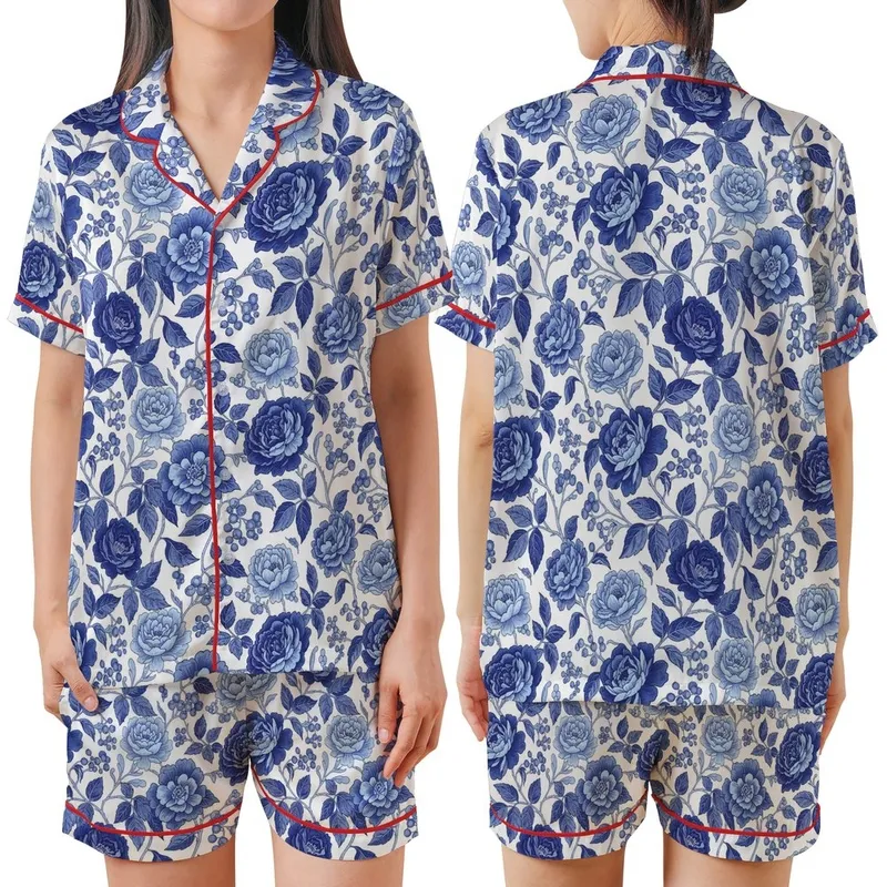 Women's Hand-Drawn Vintage Chintz Sapphire Azure Blue Rose Peony Leafy Botanical Pattern Satin Short-Sleeve Pajamas Set - 1