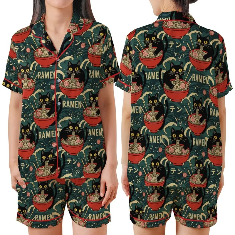 Cat & Ramen Lovers' Vintage Japanese Black Cat Red Ramen Ukiyo-e Teal Wave Pattern Satin Short-Sleeve Pajamas Set - 1