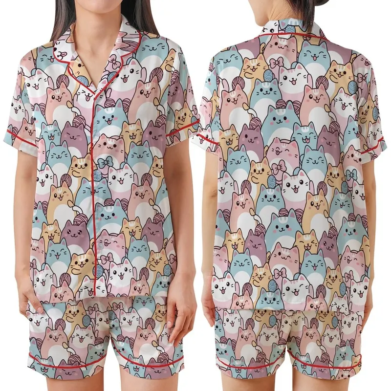 Kawaii Cat Lovers' Seamless Pastel Pink Blue Peach Lavender Cartoon Cats Pattern with Whimsical Yarn Balls Bows Satin Short-Sleeve Pajamas Set - 1