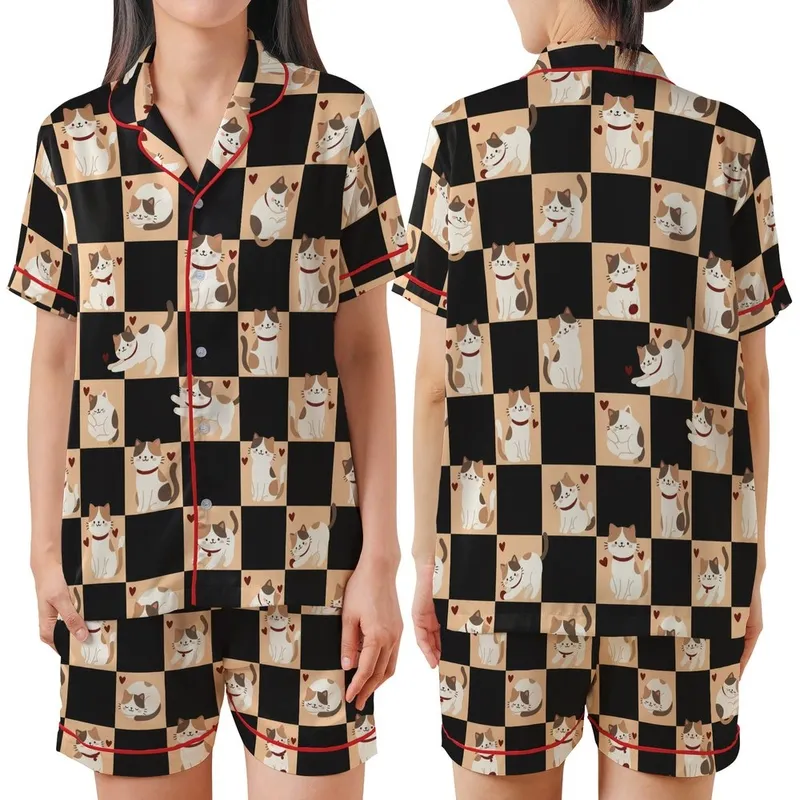 Cat Lovers' Whimsical Jet Black Peachy-Orange Checkerboard Cartoon Cat Heart Pattern Satin Short-Sleeve Pajamas Set - 1