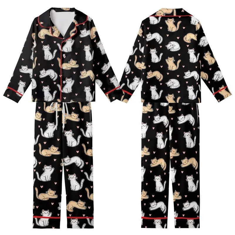 Cat Lovers' Charming Hand-Drawn Tan White Striped Cartoon Cats Pink Hearts Pattern Kid Satin Pajamas Set - 1