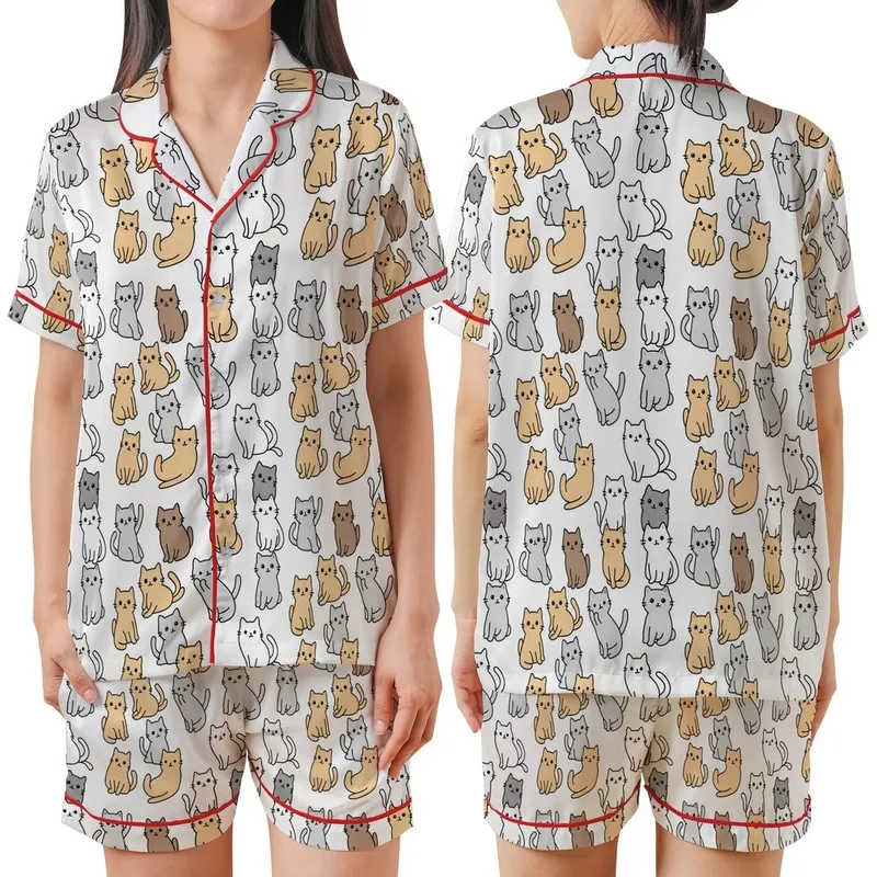 Cat Lovers' Kawaii Cartoon Cats All Over Print White Tan Grey Orange Brown Playful Pattern Satin Short-Sleeve Pajamas Set - 1