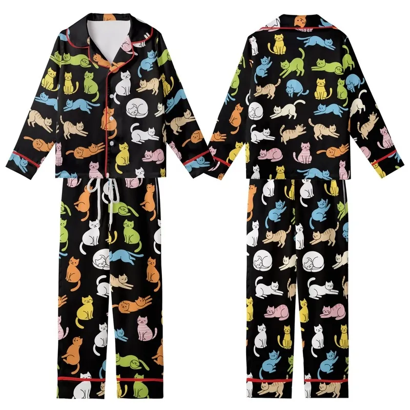 Cat Lovers' Playful Cartoon Cats Seamless Pattern with Multi-color Flat Art on Black Kid Satin Pajamas Set - 1
