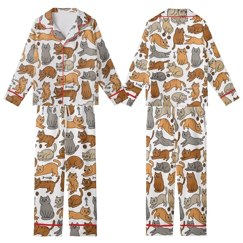 Cat Lovers' Whimsical Hand-Drawn Cartoon Cats Seamless Pattern: Ginger Orange, Caramel, Grey on Bright White Kid Satin Pajamas Set - 1