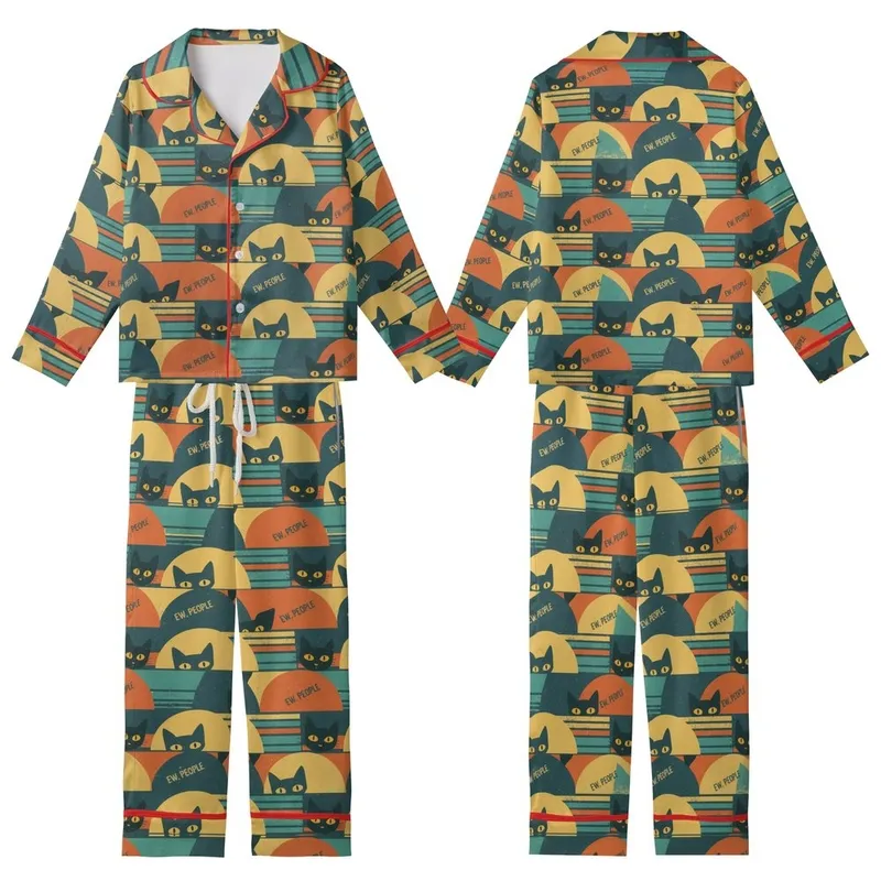 Cat Lovers' Retro Grunge Black Cats Yellow Eyes Distressed Teal Orange Stripes Semi-Circles Pattern Kid Satin Pajamas Set - 1