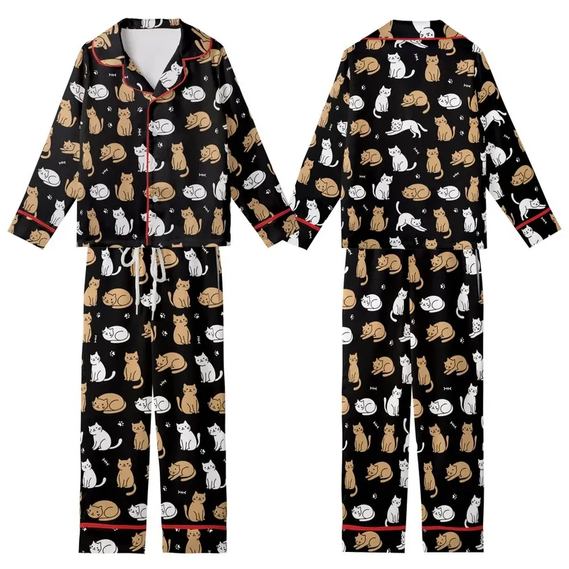 Cat Lovers' Cute Black Tan White Playful Cartoon Cats Paw Print Seamless Pattern Kid Satin Pajamas Set - 1