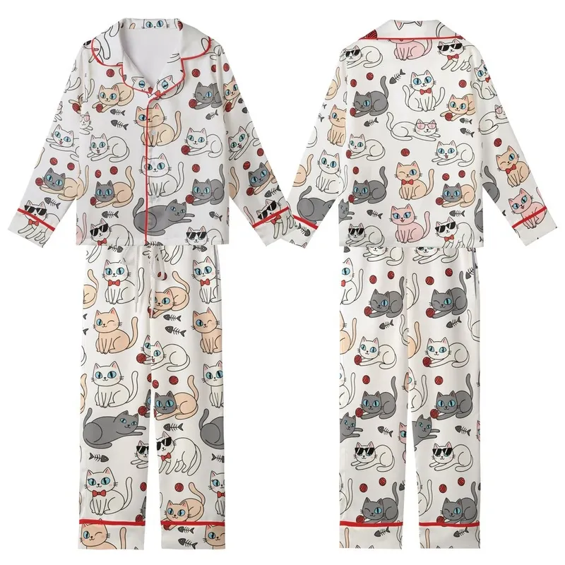 Cat Lovers' Whimsical Flat Cartoon Cats Seamless Pattern with Red Bow Ties, Pink Sunglasses, Yarn Balls, Off-White, Pink, Grey Hues Kid Satin Pajamas Set - 1