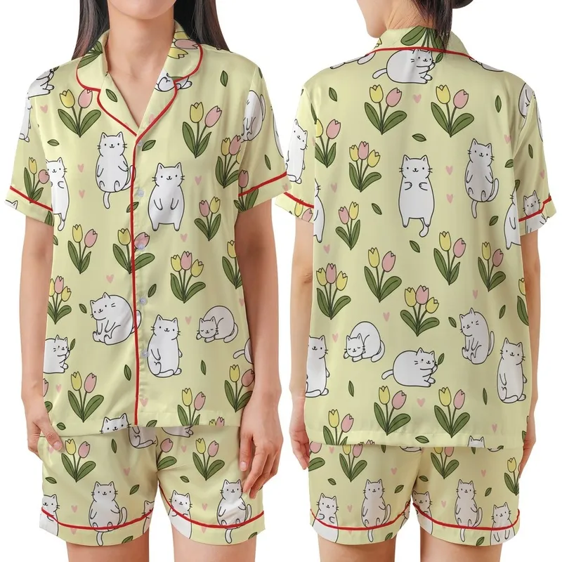 Cat Lovers' Whimsical Hand-Drawn White Chubby Cartoon Cats Pastel Yellow Seamless Pattern with Pink Tulips & Hearts Satin Short-Sleeve Pajamas Set - 1