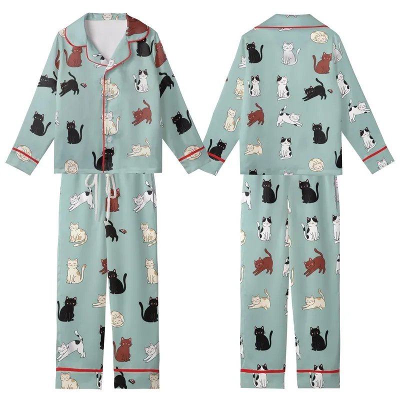 Cat Lovers' Playful Multi-Color Cartoon Cats Light Teal Flat Illustrative Seamless All-Over Print Pattern Kid Satin Pajamas Set - 1