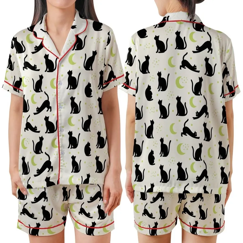 Cat Lovers' Minimalist Black Cat Silhouette Playful Poses Off-White Pale Lime Green Moon Star Pattern Satin Short-Sleeve Pajamas Set - 1