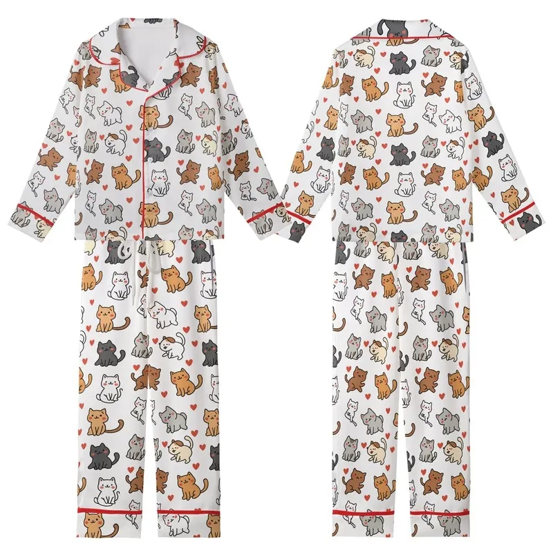 Kawaii Animal Lovers' Cute Cats Dogs Rabbits Playful Seamless Pattern White Grey Tan Flat Design Kid Satin Pajamas Set - 1