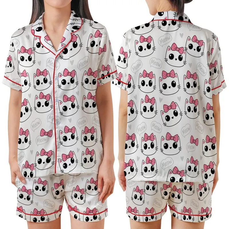 Whimsical Cat Lovers' Hand-Drawn Cute Feline Faces Hot Pink Polka Dot Bows White Pattern Satin Short-Sleeve Pajamas Set - 1
