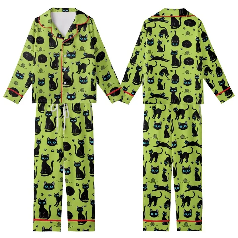 Cat Lovers' Whimsical Lime Green Black Cat Silhouettes Blue-Eyed Heads Pattern Kid Satin Pajamas Set - 1