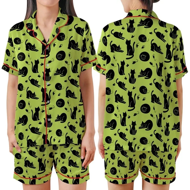 Cat Lovers' Playful Black Cat & Tiny Mouse Silhouette All-Over Vibrant Lime Green Design Satin Short-Sleeve Pajamas Set - 1