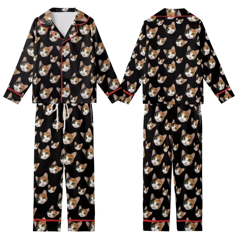 Cat Lovers' Realistic Calico Cat Faces Pattern Orange White Black Fur Vivid Green-Yellow Eyes Solid Black Background Kid Satin Pajamas Set - 1