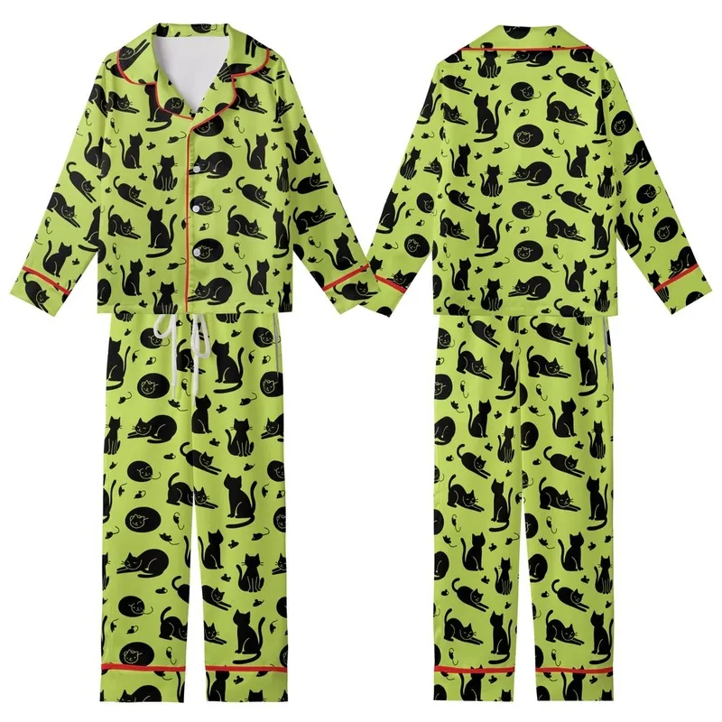 Cat Lovers' Playful Black Cat & Tiny Mouse Silhouette All-Over Vibrant Lime Green Design Kid Satin Pajamas Set - 1