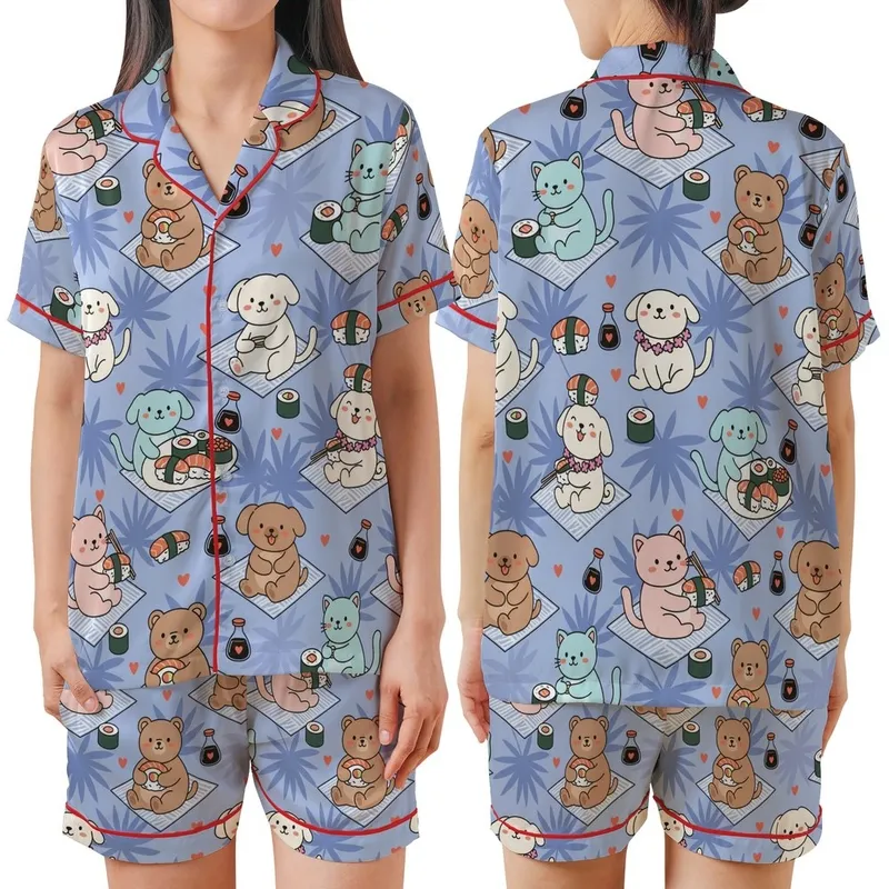 Whimsical Animal & Sushi Lovers' Cartoon Pastel Pink Blue Periwinkle Tropical Sushi Picnic Palm Pattern Satin Short-Sleeve Pajamas Set - 1
