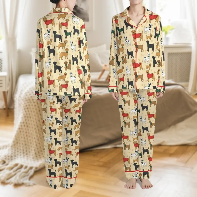 Women's Whimsical Dog Print 3-Pc Sleep Set: Festive Golden Retriever, Pug & Dachshunds Satin Pajamas Set - 1