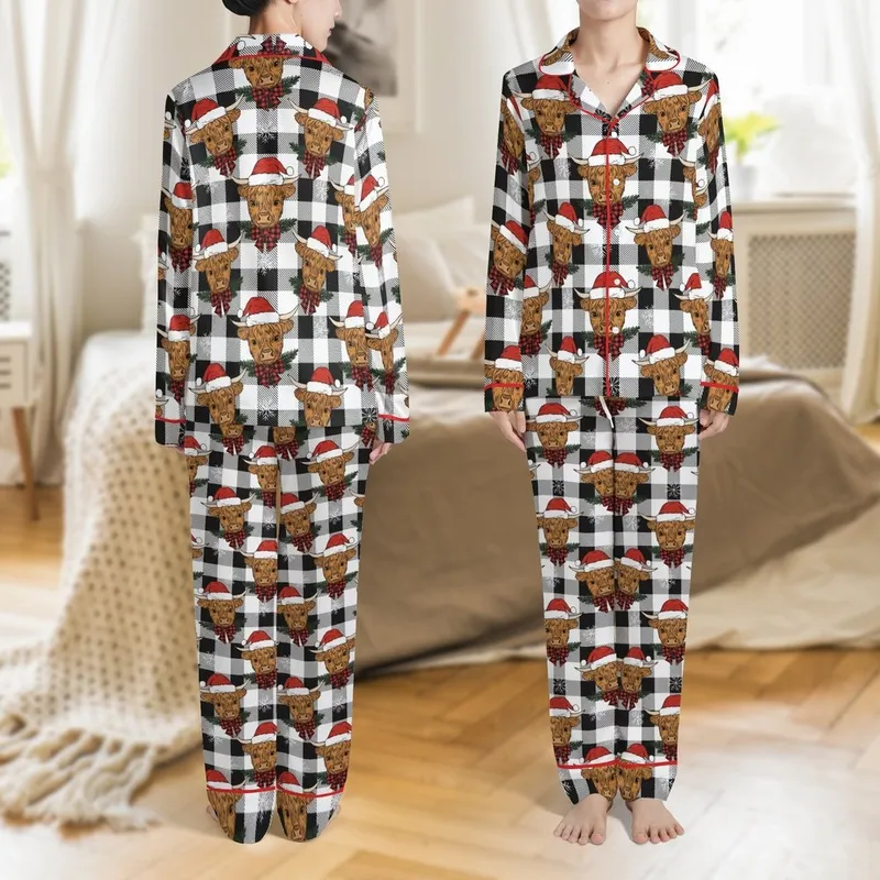 Highland Cow Family: Custom Christmas Heifer Pattern - Festive Holiday Loungewear Satin Pajamas Set - 1