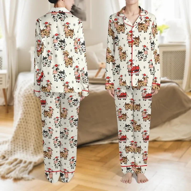 Women's Funny Farm Christmas: Cartoon Cow Santa Hat Pattern - Cozy Holiday Loungewear Satin Pajamas Set - 1