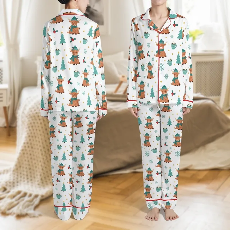 Cozy Winter Highland Cow Christmas Pajama Set: Fluffy Cow, Teal Plaid Scarf, Hot Cocoa & Snowflake Pattern Satin Pajamas Set - 1