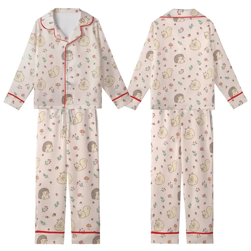 Cozy Aesthetic Lovers' Pale Blush Scattered Woodland Creatures Pattern Sage Green & Cranberry Accents Kid Satin Pajamas Set - 1