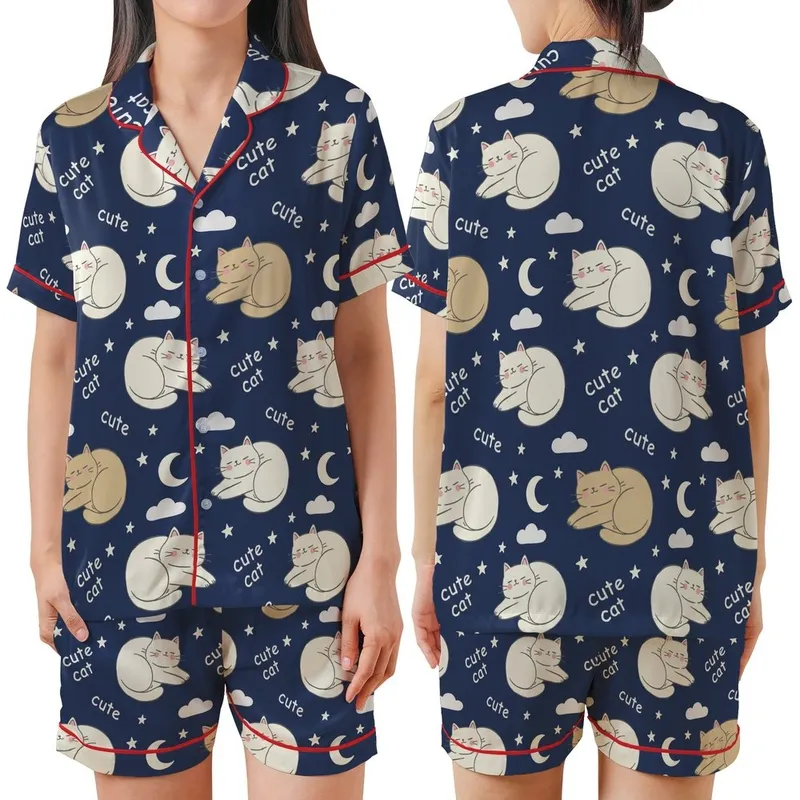 Cat Lovers' Whimsical Hand-Drawn Sleepy Cartoon Cats Navy Blue Off-White Tan Pink Pattern with Moons Stars Satin Short-Sleeve Pajamas Set - 1