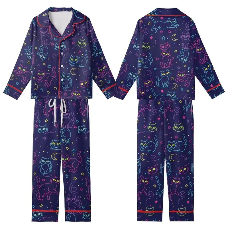 Whimsical Cat Lovers' Vivid Neon Black Cat All-Over Pattern Indigo Starry Sky Kid Satin Pajamas Set - 1