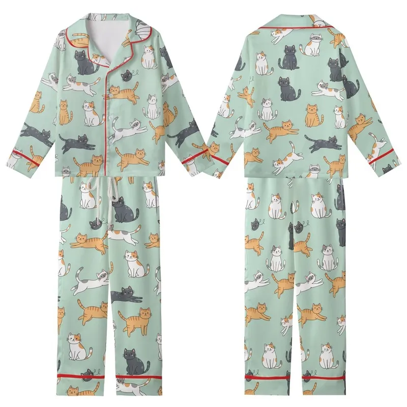 Cat Lovers' Playful Hand-Drawn Cartoon Cats Light Mint Green Pattern with White, Tabby, Calico, Charcoal Felines Kid Satin Pajamas Set - 1