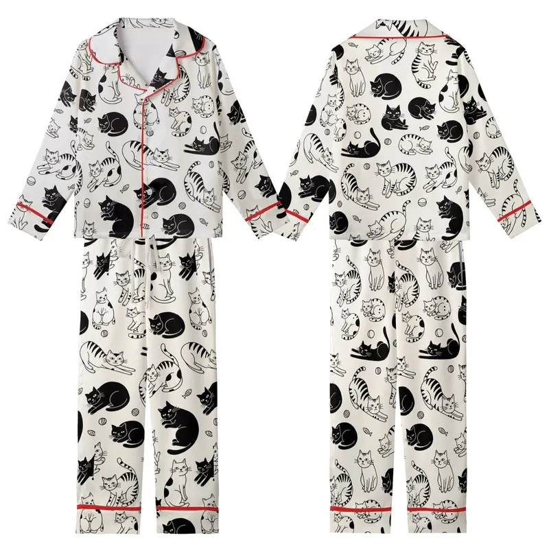 Cat Lovers' Whimsical Hand-Drawn Black and White Feline Pattern with Playful Cats, Yarn, and Fish Kid Satin Pajamas Set - 1