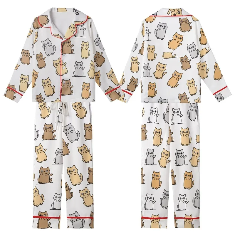 Cat Lovers' Kawaii Cartoon Cats All Over Print White Tan Grey Orange Brown Playful Pattern Kid Satin Pajamas Set - 1