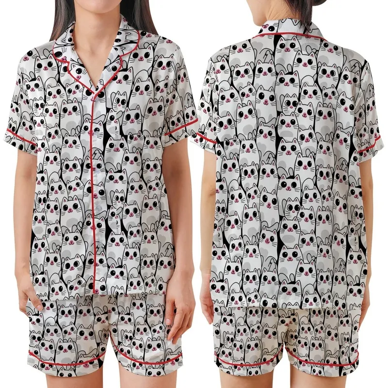 Cat Lovers' Charming White Cartoon Cats Black All-Over Playful Pattern Pink Noses Satin Short-Sleeve Pajamas Set - 1