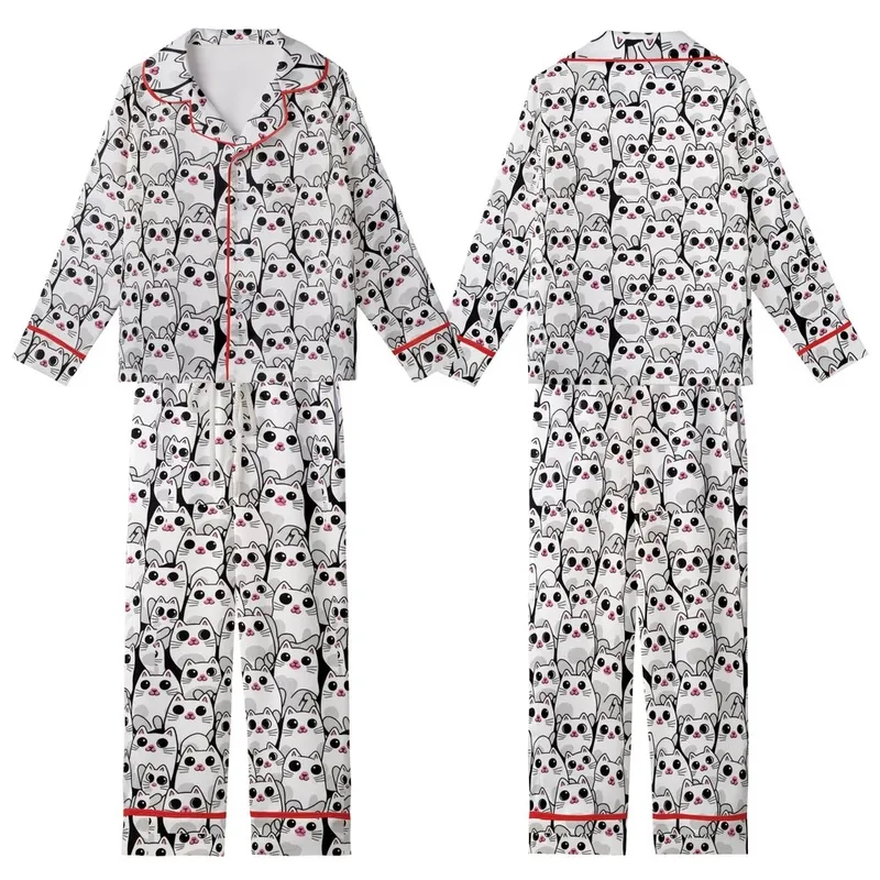 Cat Lovers' Charming White Cartoon Cats Black All-Over Playful Pattern Pink Noses Kid Satin Pajamas Set - 1