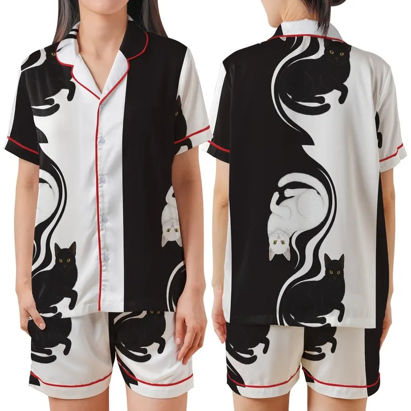 Cat Lovers' Sweeping S-Curve Matte Black Pure White Cat Duality Realistic Illustration Golden Eyes Satin Short-Sleeve Pajamas Set - 1