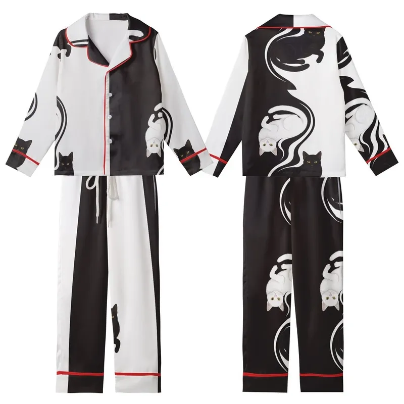 Cat Lovers' Sweeping S-Curve Matte Black Pure White Cat Duality Realistic Illustration Golden Eyes Kid Satin Pajamas Set - 1