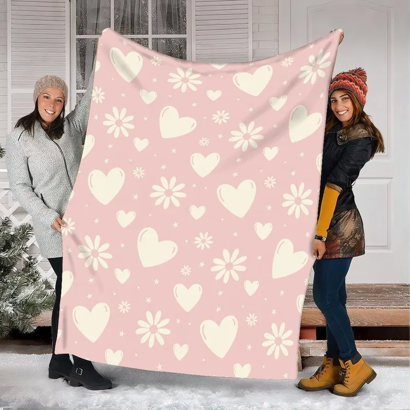Soft Pink Cream Whimsical Hearts, Daisies, & Star Pattern Quilt Bedding Set - 1