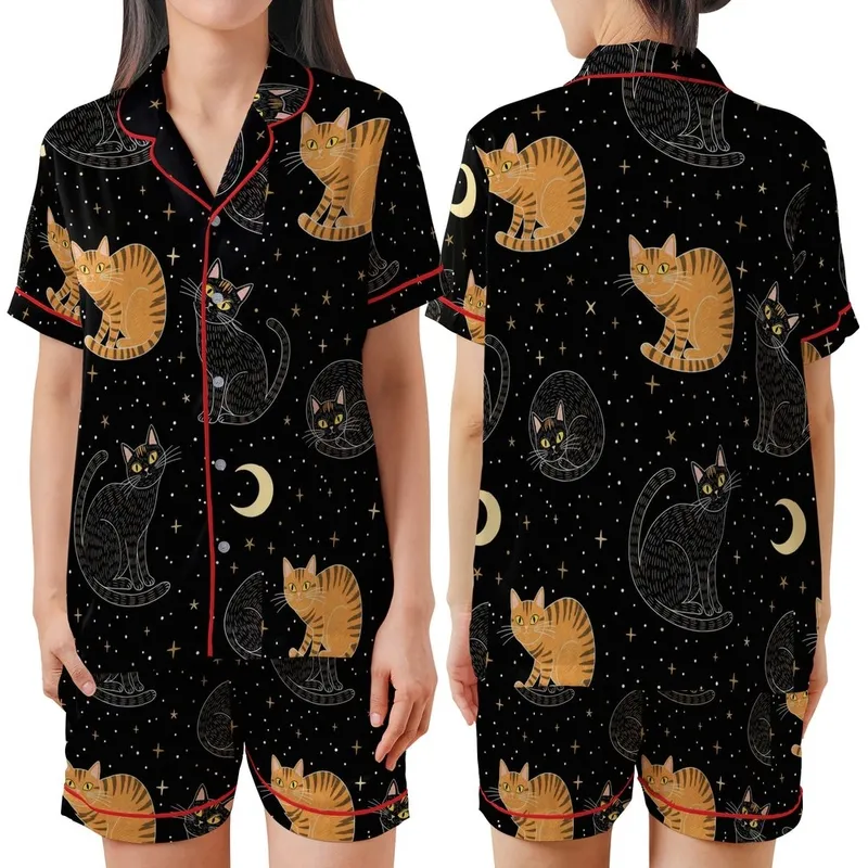 Cat Lovers' Whimsical Black Orange Tabby Cats Celestial Night Sky All-Over Print, Golden Eyes, Pale Yellow Moon, Hand-Drawn Stars Satin Short-Sleeve Pajamas Set - 1