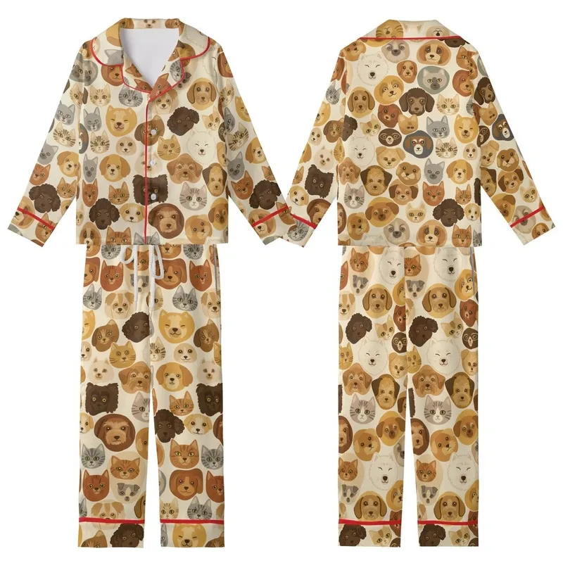 Pet Parents' Vintage Illustrative Dog Cat Faces Seamless Pattern Earthy Beige Ochre Kid Satin Pajamas Set - 1