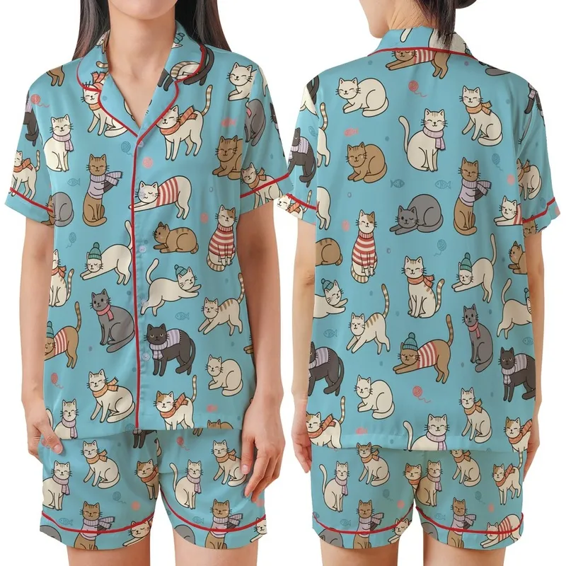 Cat Lovers' Whimsical Illustrative Feline Seamless Pattern, Robin's Egg Blue, Cream Gray Ginger Cats, Flat Art Style Satin Short-Sleeve Pajamas Set - 1