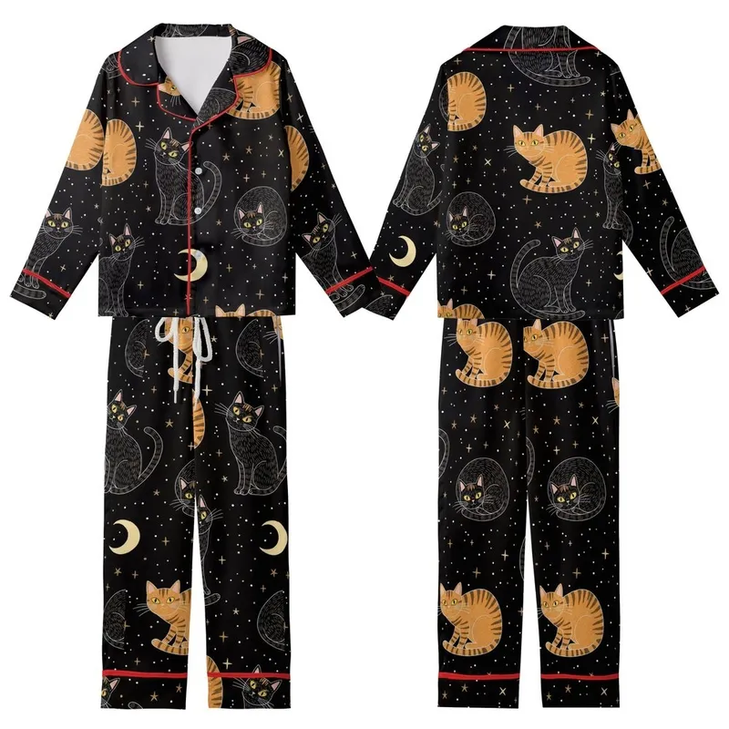 Cat Lovers' Whimsical Black Orange Tabby Cats Celestial Night Sky All-Over Print, Golden Eyes, Pale Yellow Moon, Hand-Drawn Stars Kid Satin Pajamas Set - SC85H-GV_N