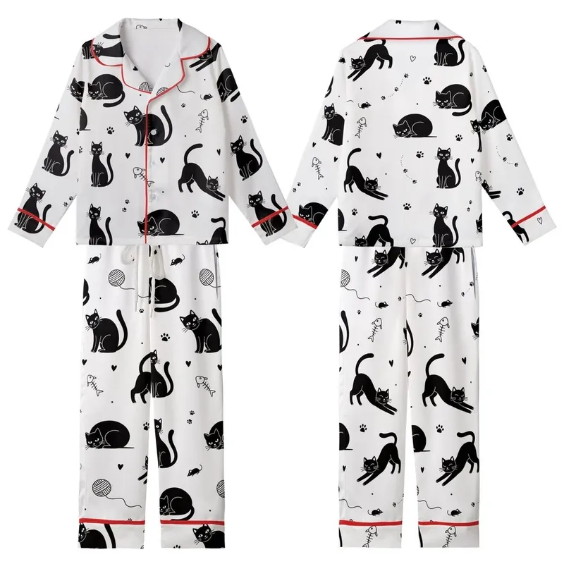 Cat Lovers' Whimsical Black and White Cartoon Cat All-Over Pattern with Playful Feline Poses and Simple Line Art Accents Kid Satin Pajamas Set - 1