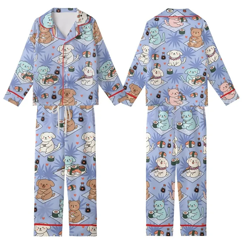 Whimsical Animal & Sushi Lovers' Cartoon Pastel Pink Blue Periwinkle Tropical Sushi Picnic Palm Pattern Kid Satin Pajamas Set - 1