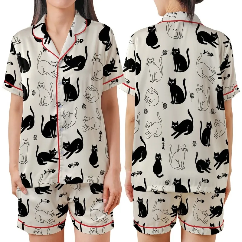 Cat Lovers' Whimsical Black Cat Silhouette & Outline Seamless Pattern with Yarn Balls on Creamy Off-White Satin Short-Sleeve Pajamas Set - 1