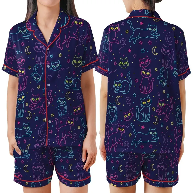 Whimsical Cat Lovers' Vivid Neon Black Cat All-Over Pattern Indigo Starry Sky Satin Short-Sleeve Pajamas Set - 1